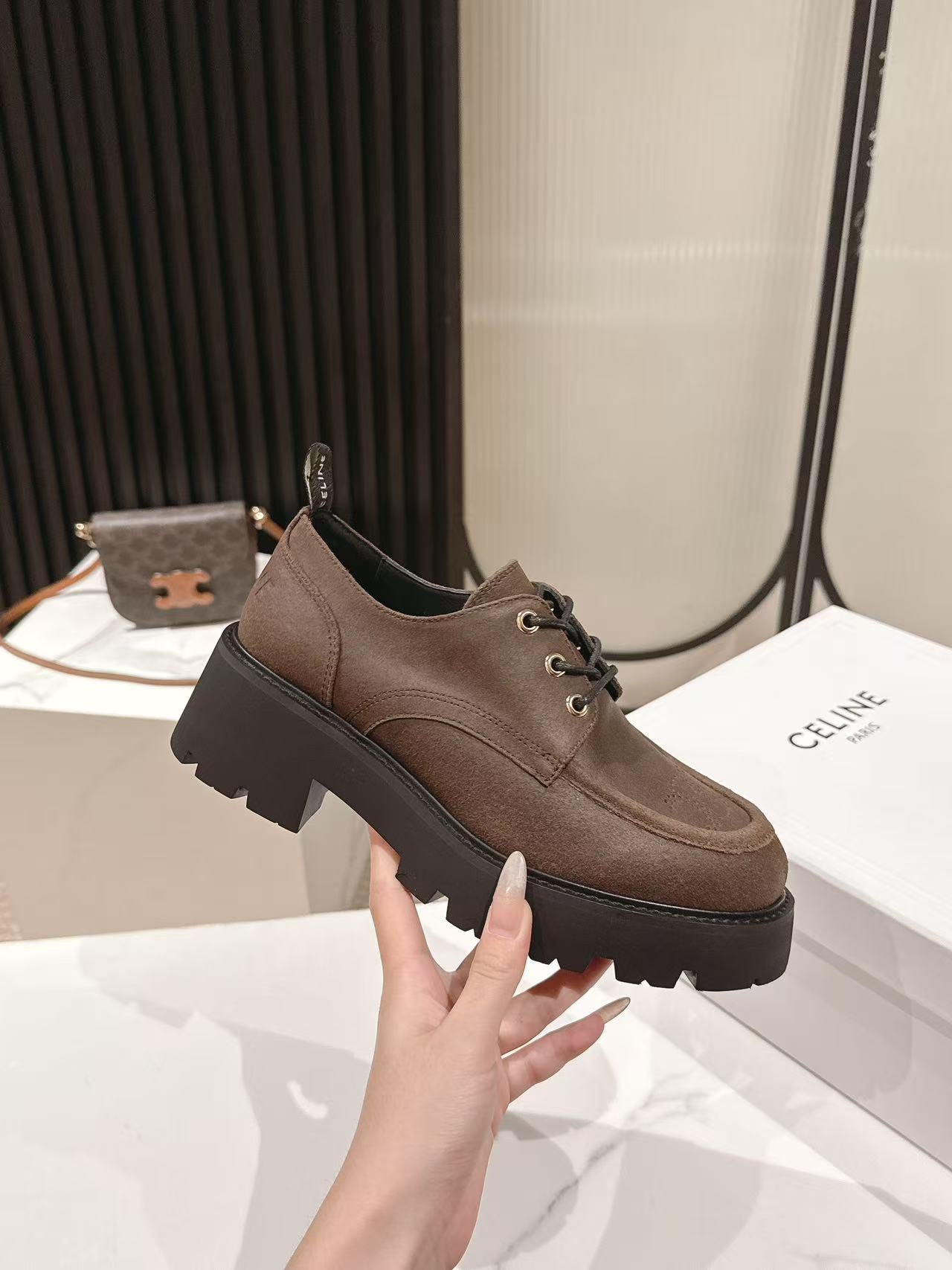 CELINE 25S THICK SOLED LOAFERS 50MM IN BROWN CALFSKIN