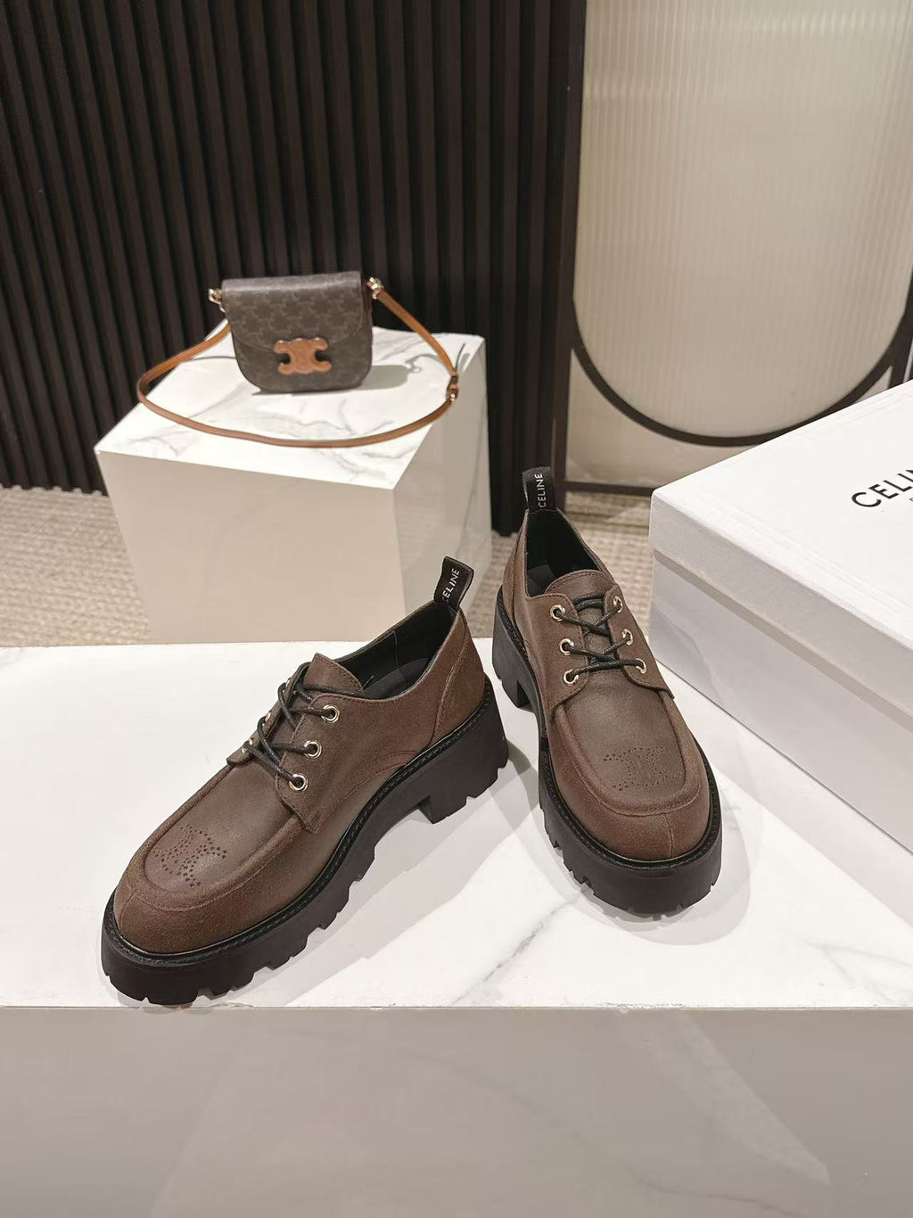 CELINE 25S THICK SOLED LOAFERS 50MM IN BROWN CALFSKIN