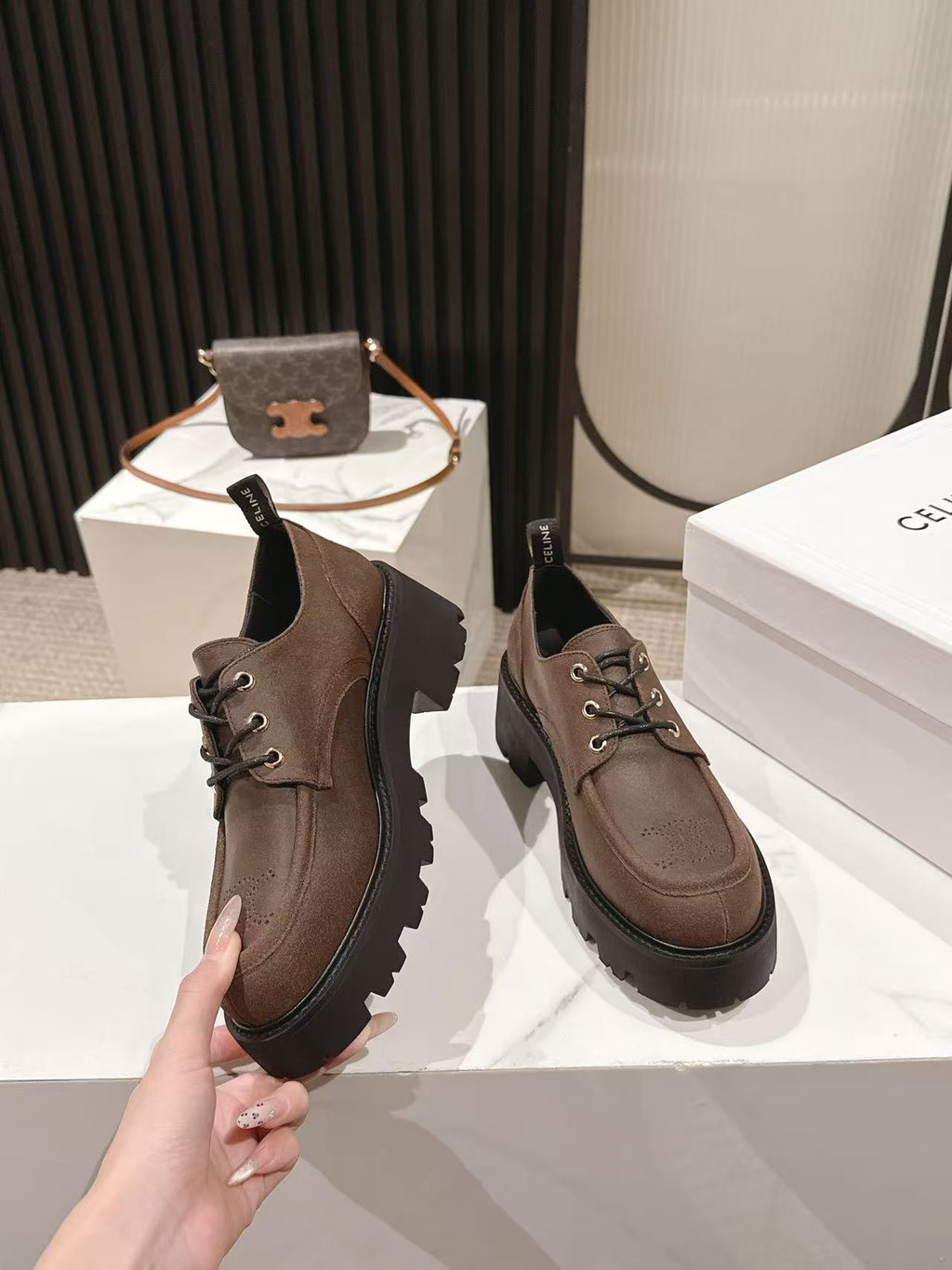 CELINE 25S THICK SOLED LOAFERS 50MM IN BROWN CALFSKIN