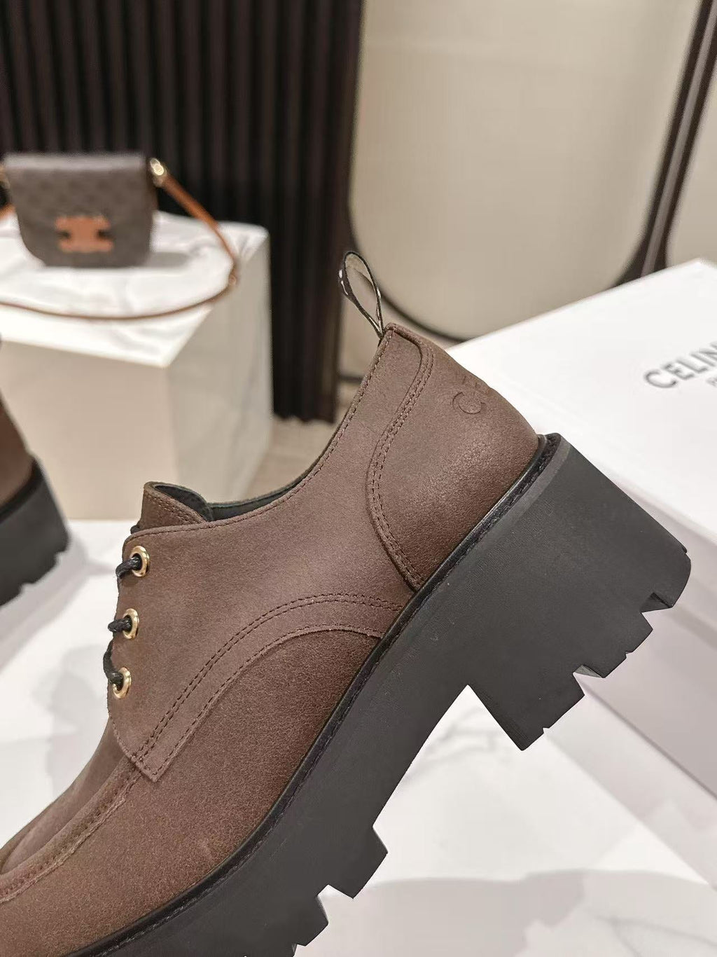 CELINE 25S THICK SOLED LOAFERS 50MM IN BROWN CALFSKIN