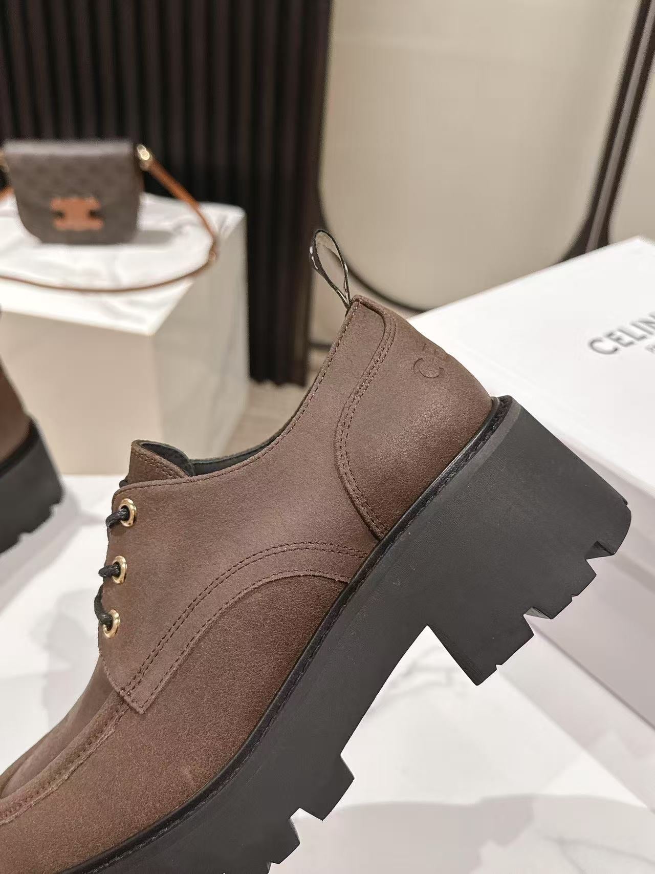 CELINE 25S THICK SOLED LOAFERS 50MM IN BROWN CALFSKIN