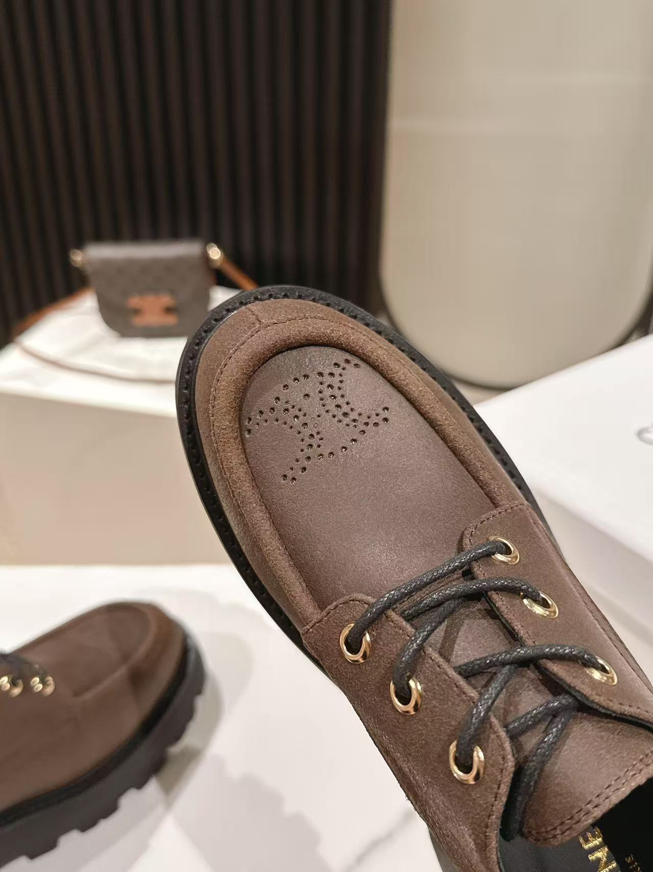 CELINE 25S THICK SOLED LOAFERS 50MM IN BROWN CALFSKIN