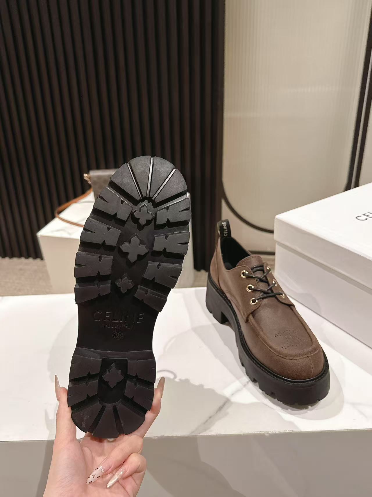 CELINE 25S THICK SOLED LOAFERS 50MM IN BROWN CALFSKIN