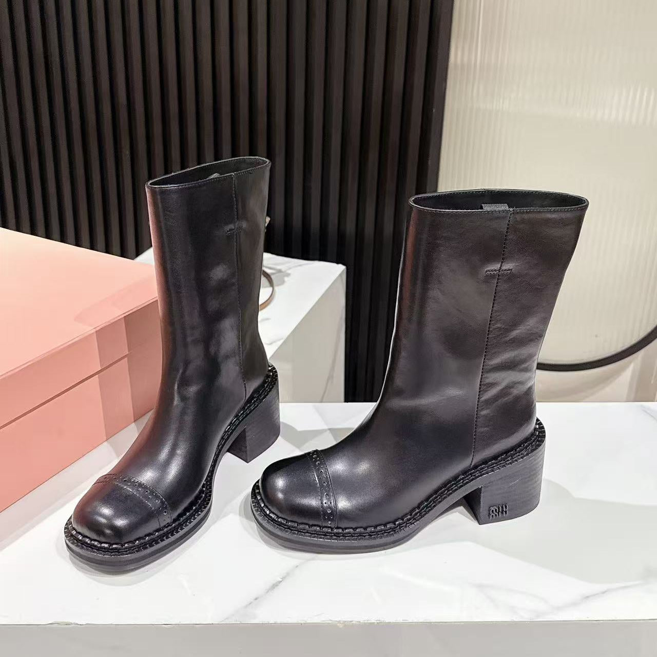 MIUMIU 26S PLATFORM HIGH-HEEL BOOTS 50MM IN BLACK GLOSSY CALFSKIN