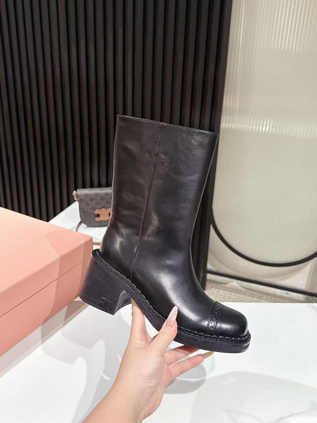MIUMIU 26S PLATFORM HIGH-HEEL BOOTS 50MM IN BLACK GLOSSY CALFSKIN