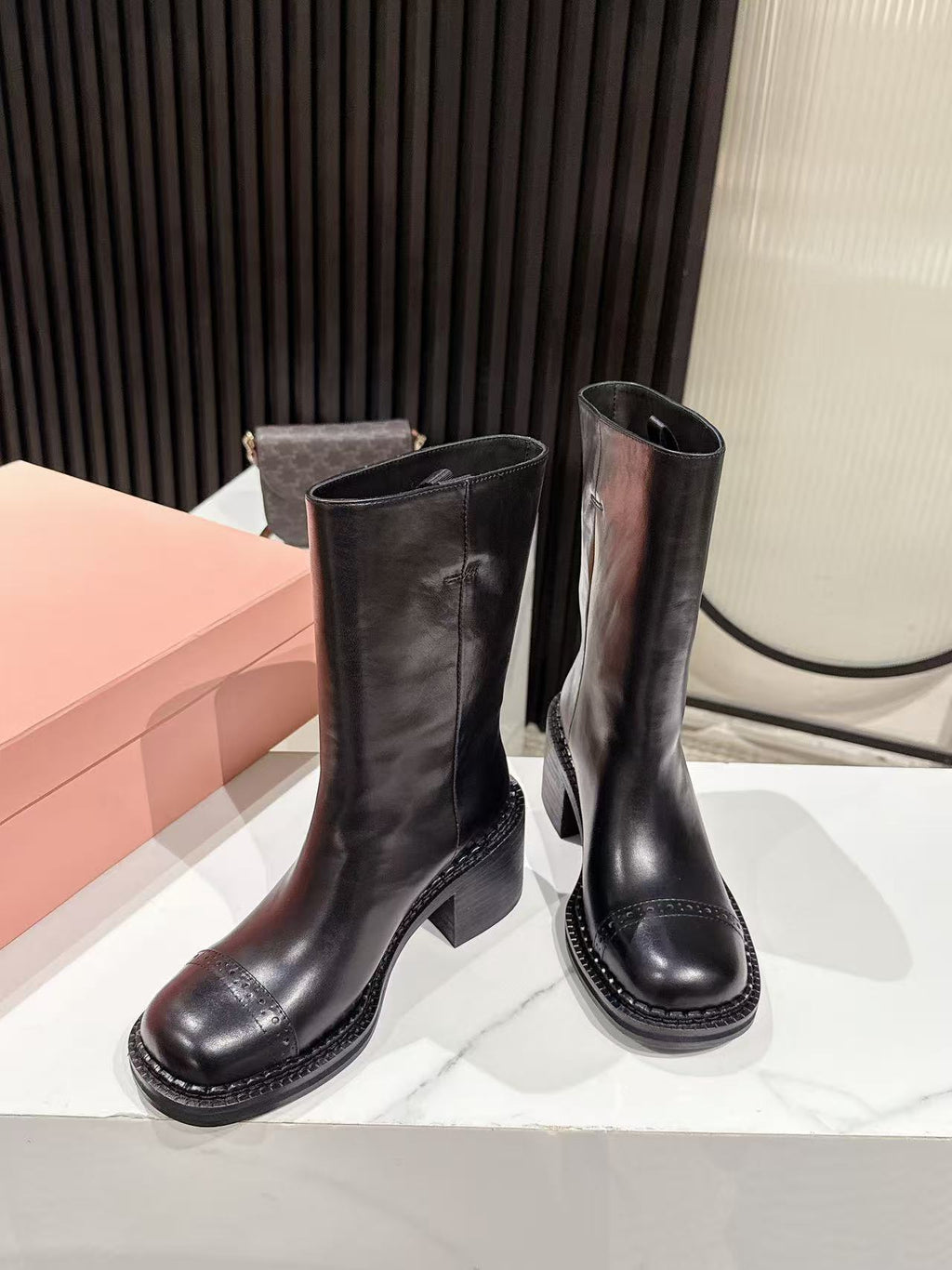 MIUMIU 26S PLATFORM HIGH-HEEL BOOTS 50MM IN BLACK GLOSSY CALFSKIN