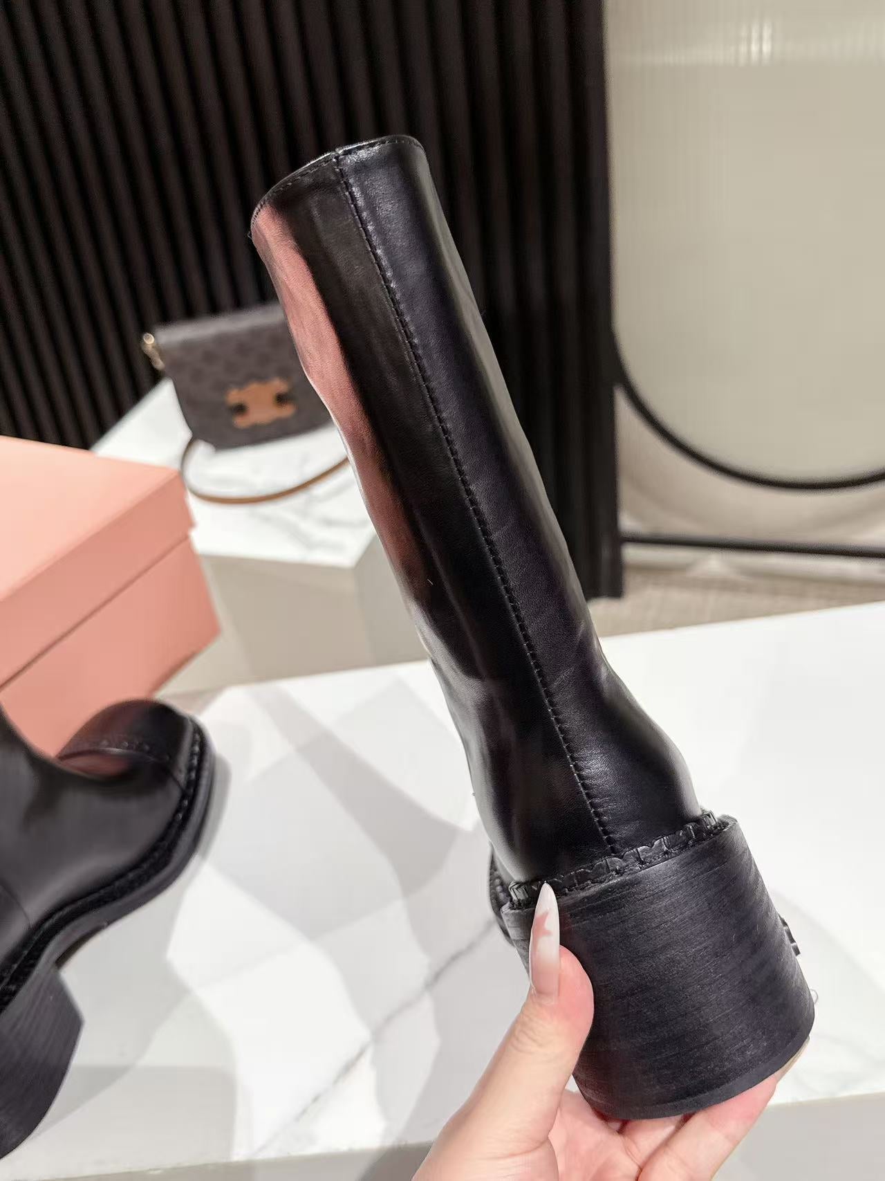MIUMIU 26S PLATFORM HIGH-HEEL BOOTS 50MM IN BLACK GLOSSY CALFSKIN