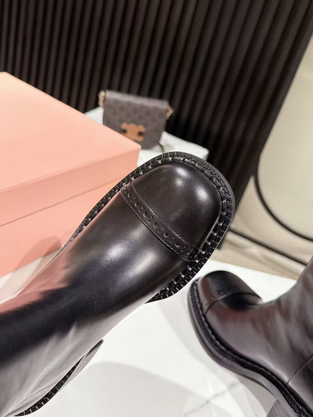 MIUMIU 26S PLATFORM HIGH-HEEL BOOTS 50MM IN BLACK GLOSSY CALFSKIN