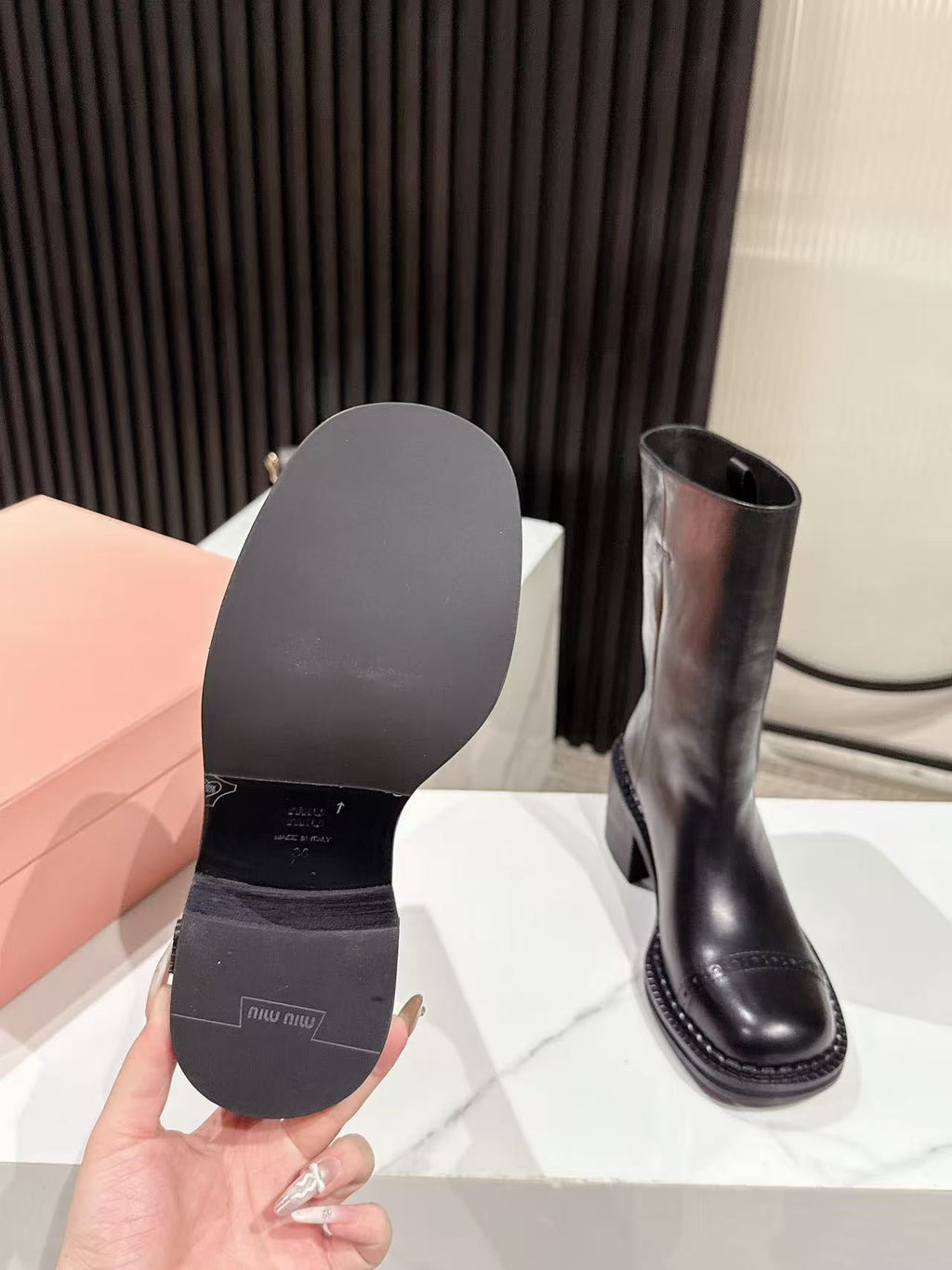 MIUMIU 26S PLATFORM HIGH-HEEL BOOTS 50MM IN BLACK GLOSSY CALFSKIN