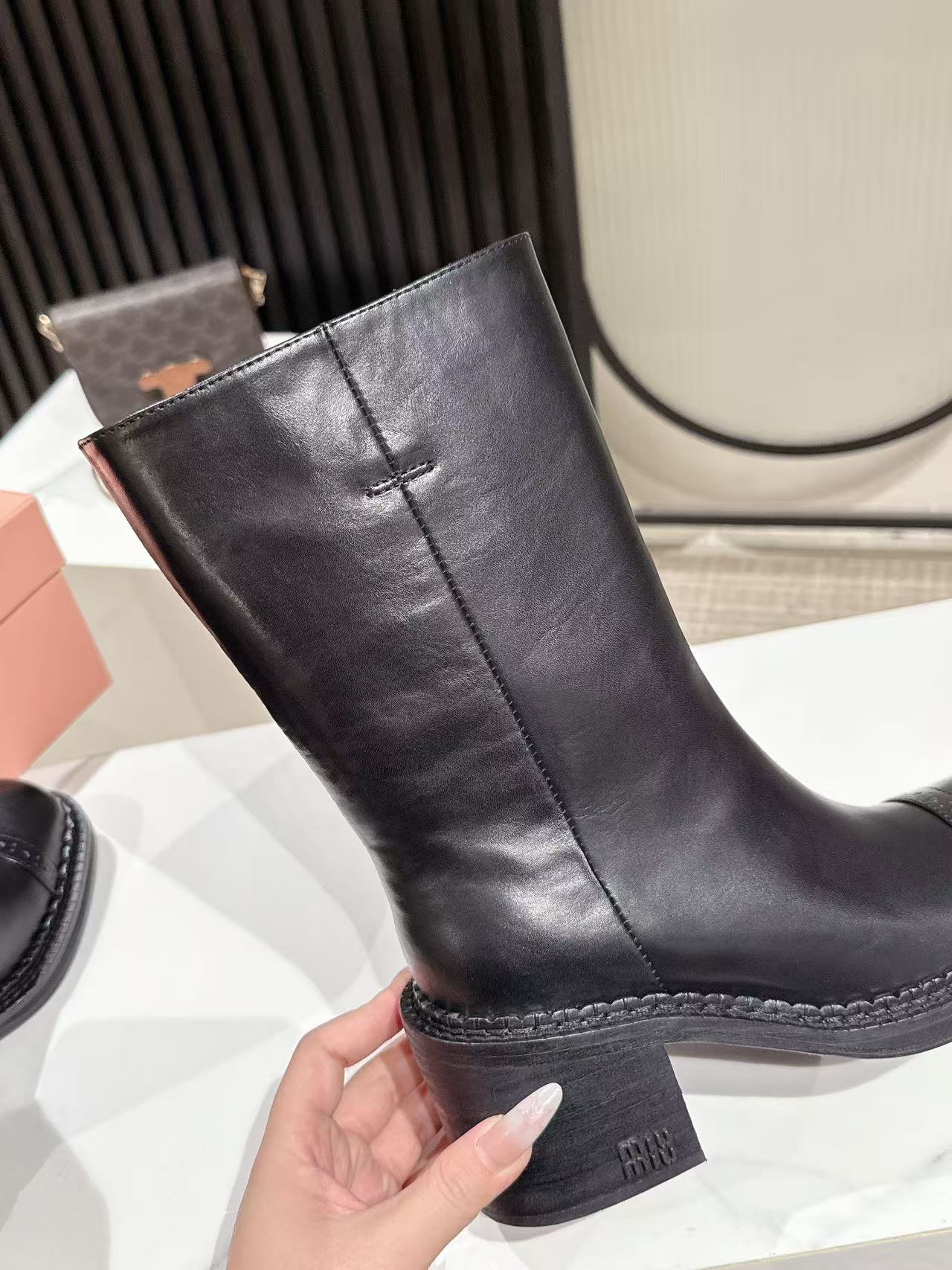 MIUMIU 26S PLATFORM HIGH-HEEL BOOTS 50MM IN BLACK GLOSSY CALFSKIN