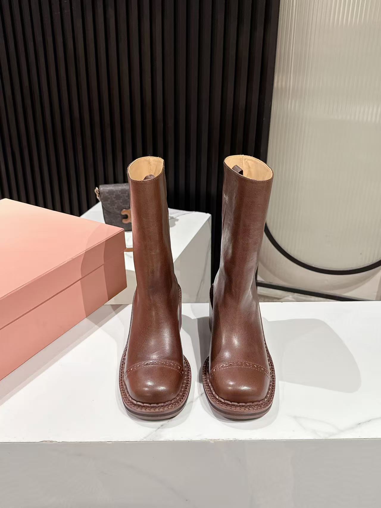 MIUMIU 26S PLATFORM HIGH-HEEL BOOTS 50MM IN BROWN GLOSSY CALFSKIN