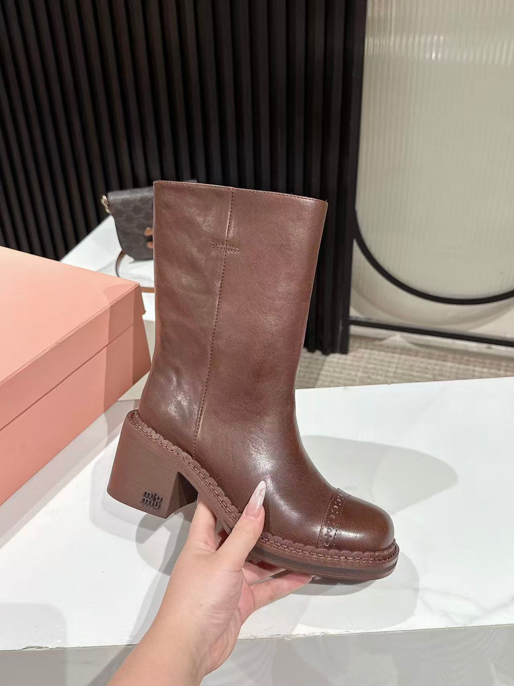 MIUMIU 26S PLATFORM HIGH-HEEL BOOTS 50MM IN BROWN GLOSSY CALFSKIN