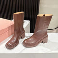 MIUMIU 26S PLATFORM HIGH-HEEL BOOTS 50MM IN BROWN GLOSSY CALFSKIN