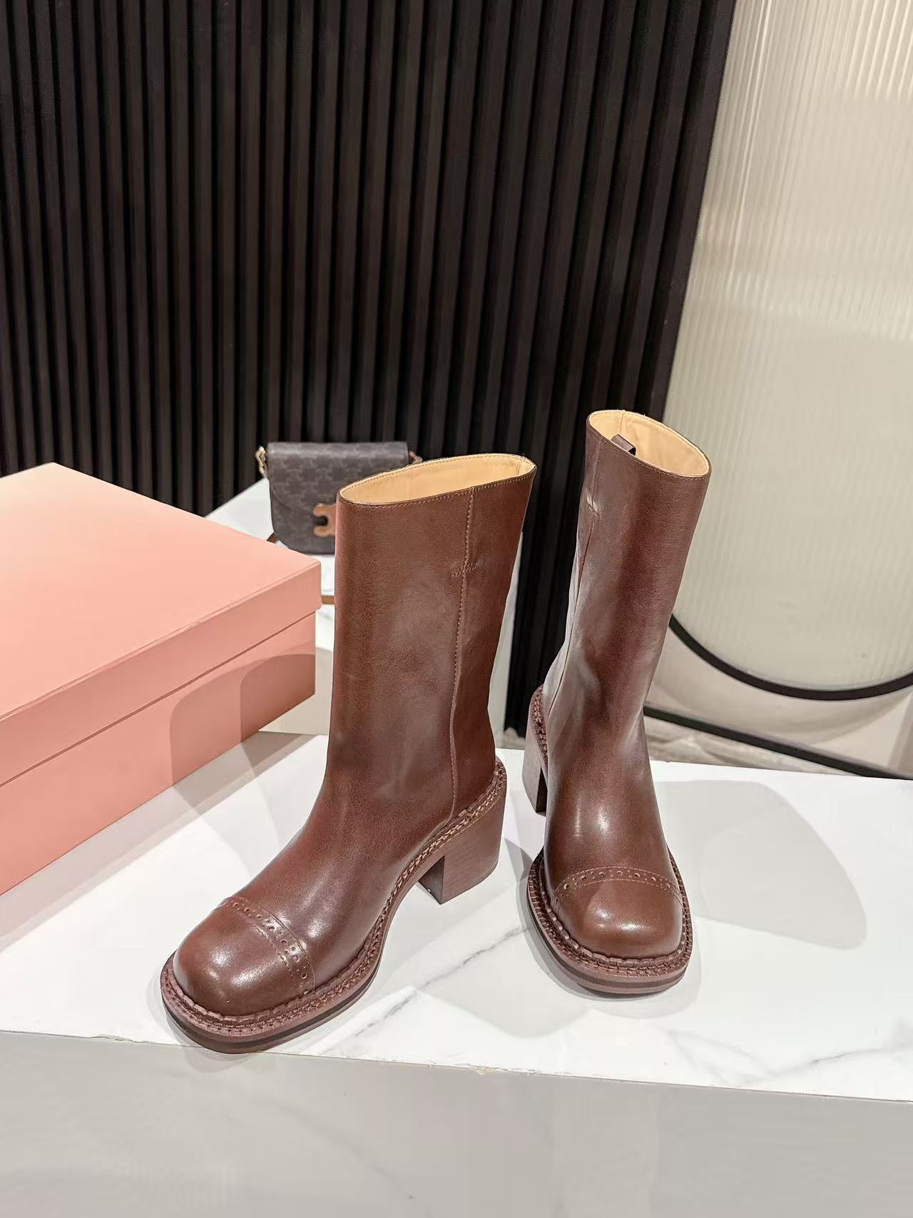 MIUMIU 26S PLATFORM HIGH-HEEL BOOTS 50MM IN BROWN GLOSSY CALFSKIN