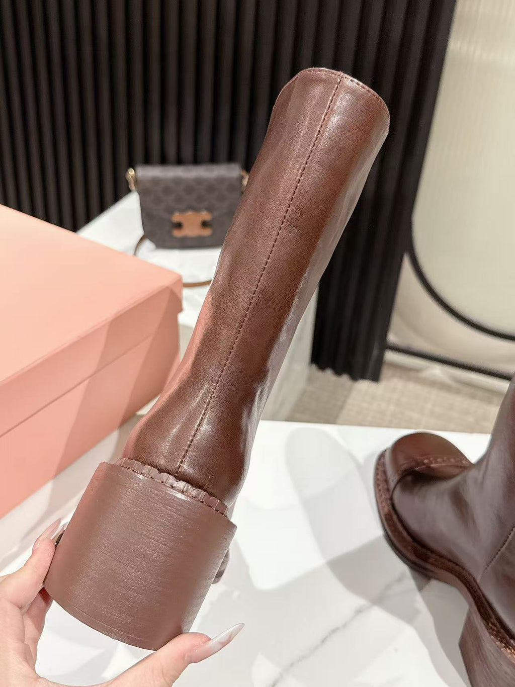 MIUMIU 26S PLATFORM HIGH-HEEL BOOTS 50MM IN BROWN GLOSSY CALFSKIN