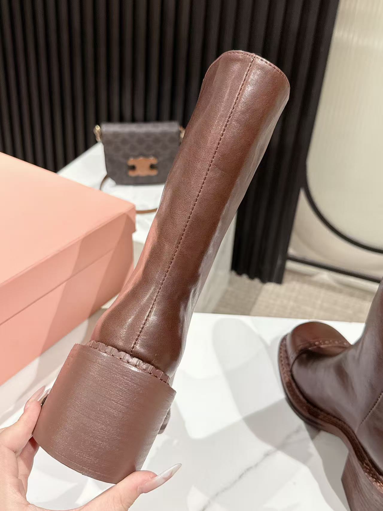 MIUMIU 26S PLATFORM HIGH-HEEL BOOTS 50MM IN BROWN GLOSSY CALFSKIN