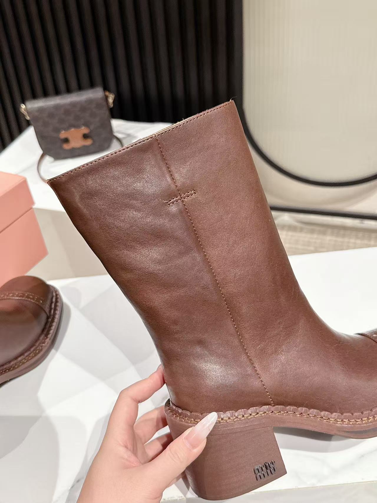 MIUMIU 26S PLATFORM HIGH-HEEL BOOTS 50MM IN BROWN GLOSSY CALFSKIN
