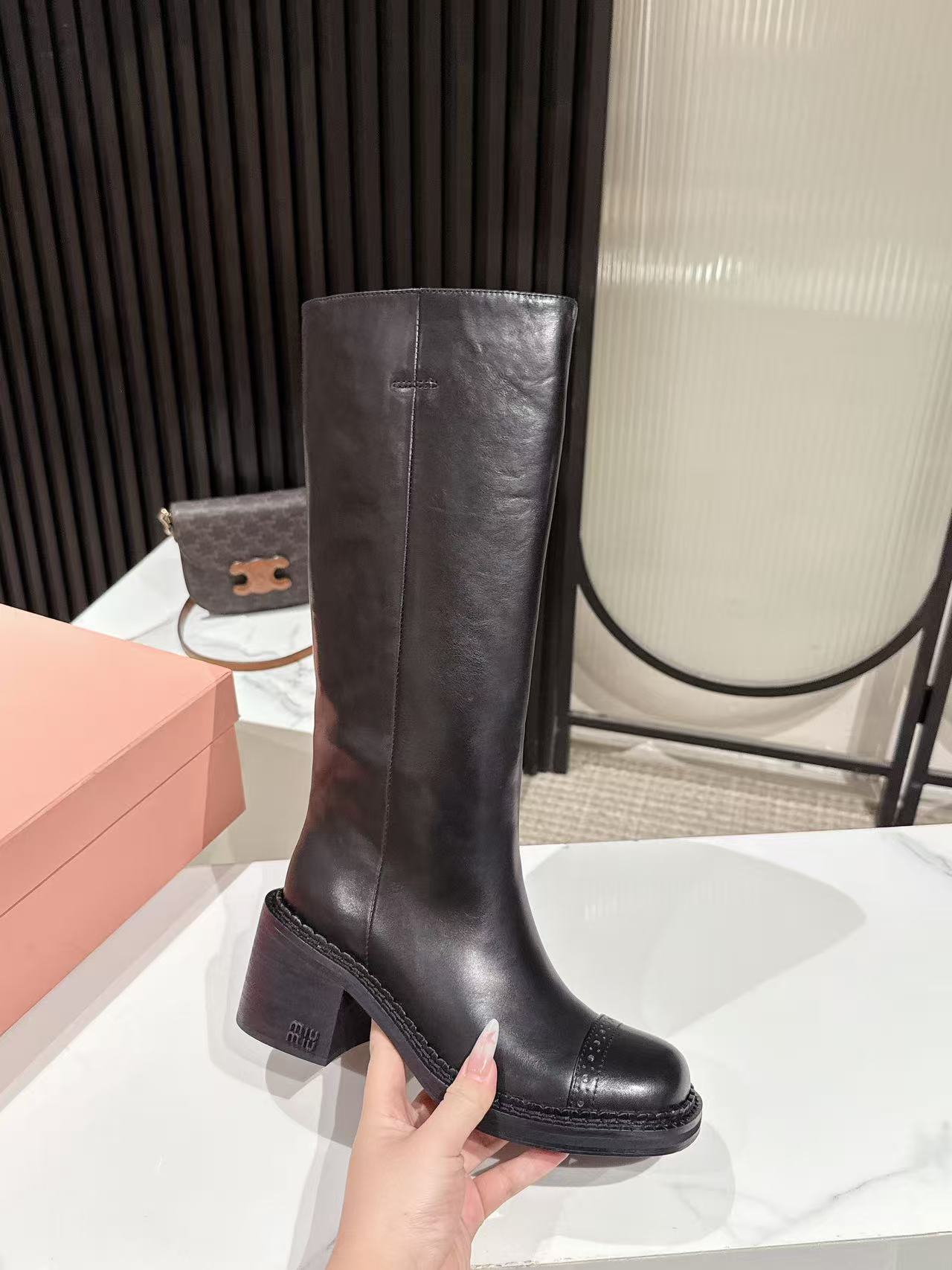 MIUMIU 26S HIGH-ANKLE BOOTS 50MM IN BLACK GLOSSY CALFSKIN