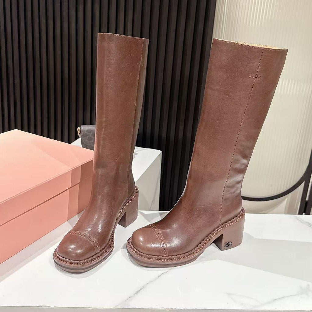 MIUMIU 26S HIGH-ANKLE BOOTS 50MM IN BROWN GLOSSY CALFSKIN