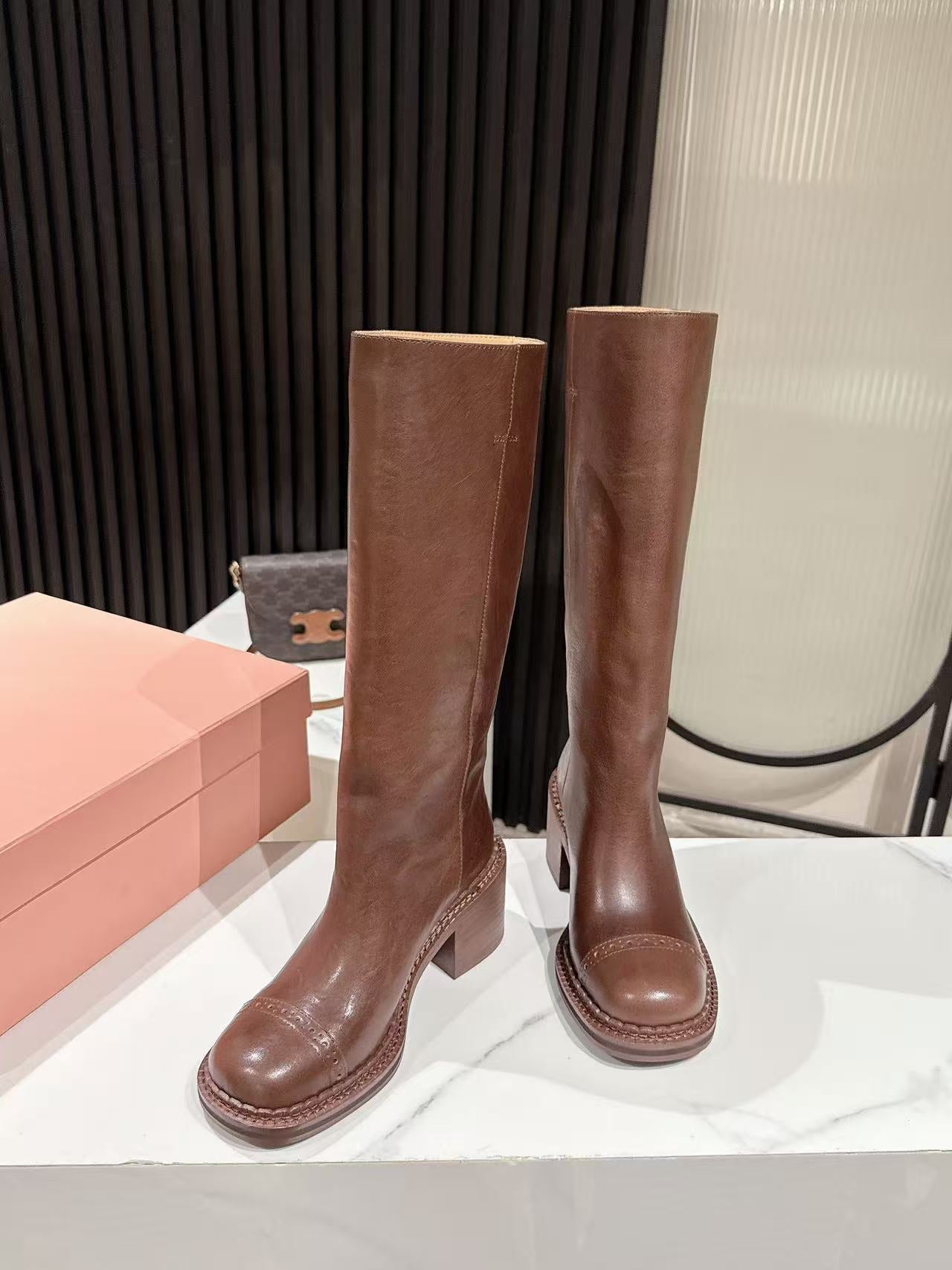 MIUMIU 26S HIGH-ANKLE BOOTS 50MM IN BROWN GLOSSY CALFSKIN