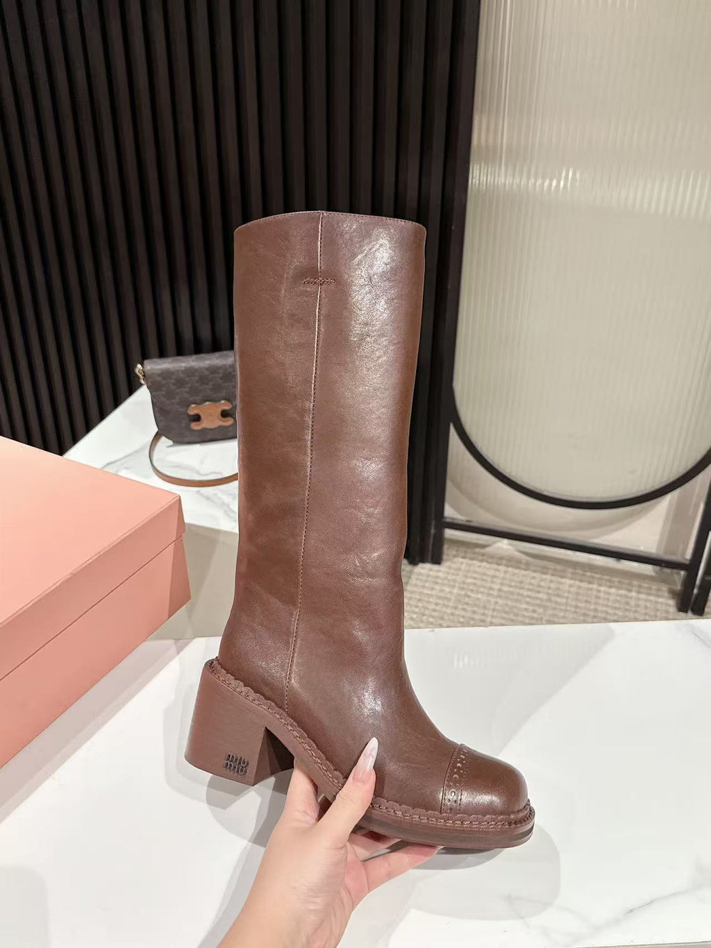 MIUMIU 26S HIGH-ANKLE BOOTS 50MM IN BROWN GLOSSY CALFSKIN