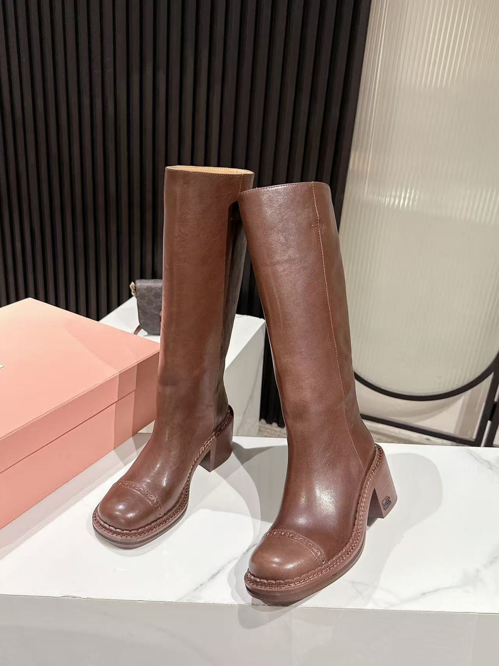MIUMIU 26S HIGH-ANKLE BOOTS 50MM IN BROWN GLOSSY CALFSKIN