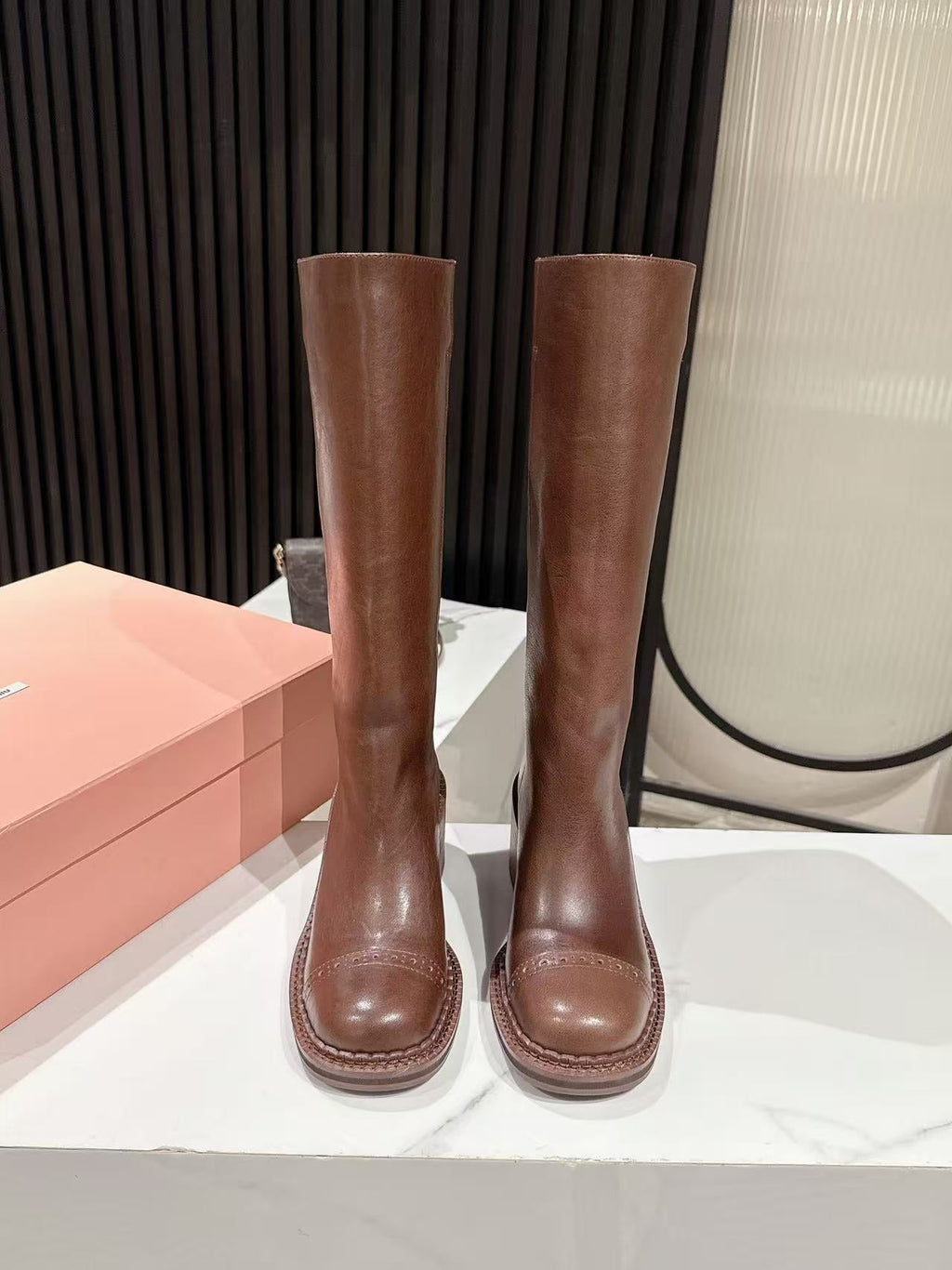 MIUMIU 26S HIGH-ANKLE BOOTS 50MM IN BROWN GLOSSY CALFSKIN