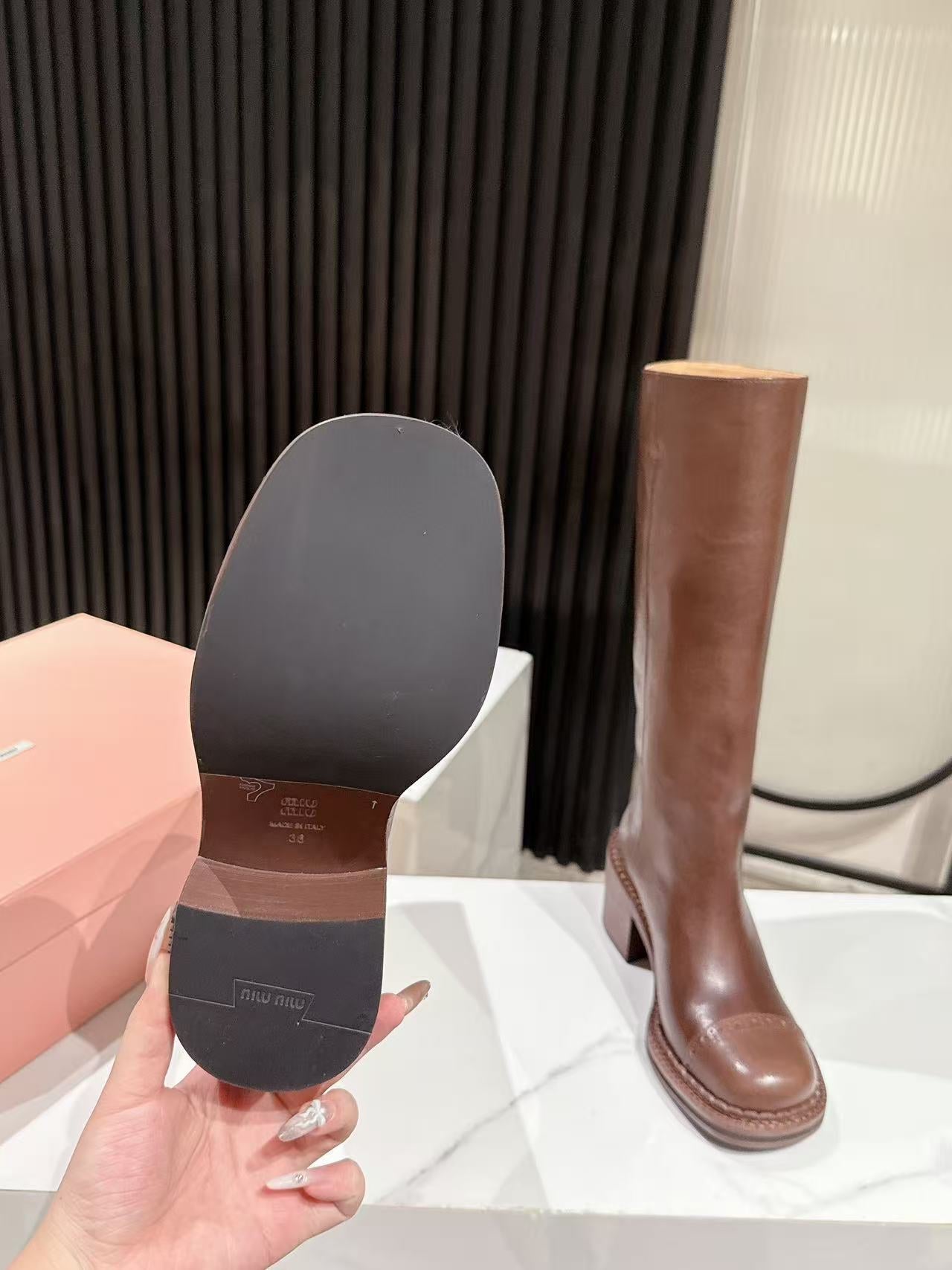 MIUMIU 26S HIGH-ANKLE BOOTS 50MM IN BROWN GLOSSY CALFSKIN