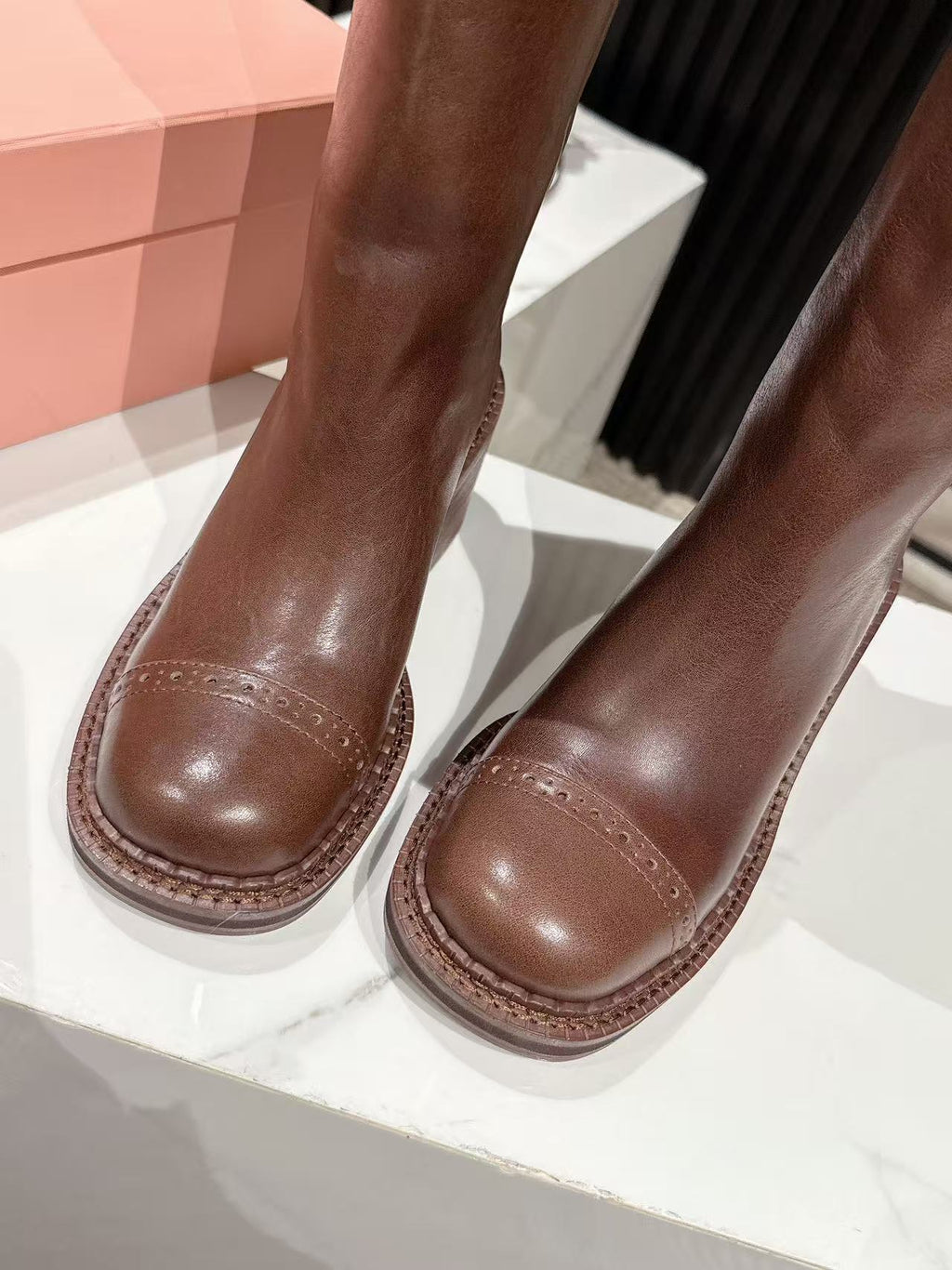 MIUMIU 26S HIGH-ANKLE BOOTS 50MM IN BROWN GLOSSY CALFSKIN