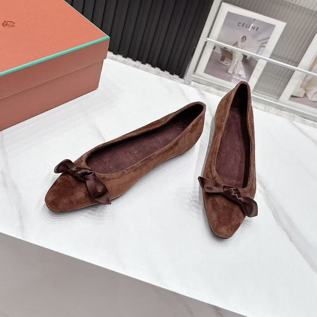 LP 26S BALLERINA FLATS IN DARK BROWN SUEDE & SATIN BOW