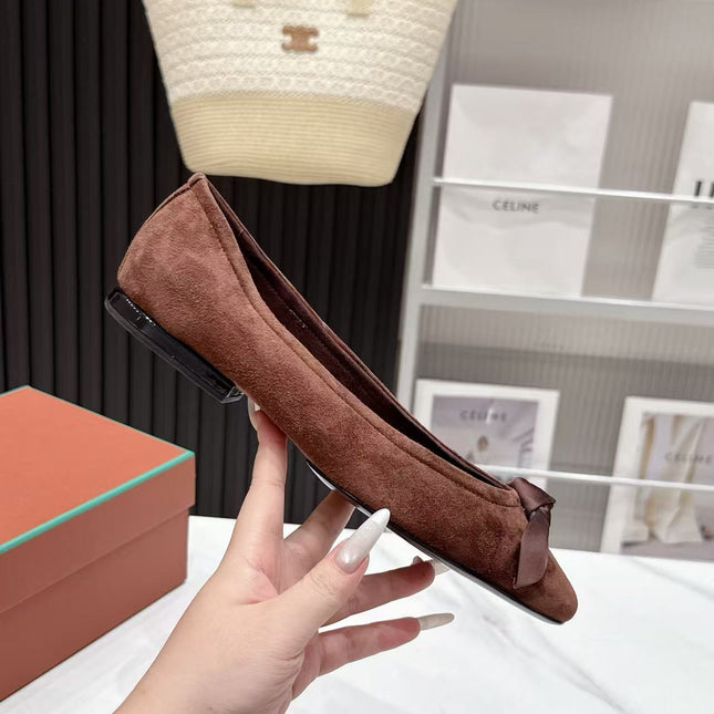 LP 26S BALLERINA FLATS IN DARK BROWN SUEDE & SATIN BOW