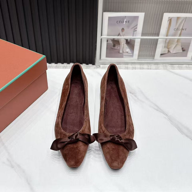LP 26S BALLERINA FLATS IN DARK BROWN SUEDE & SATIN BOW