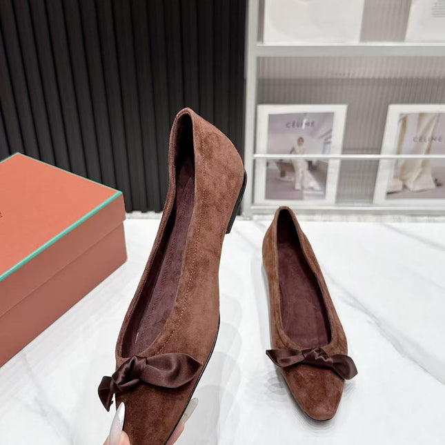 LP 26S BALLERINA FLATS IN DARK BROWN SUEDE & SATIN BOW
