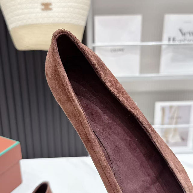 LP 26S BALLERINA FLATS IN DARK BROWN SUEDE & SATIN BOW