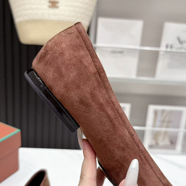 LP 26S BALLERINA FLATS IN DARK BROWN SUEDE & SATIN BOW
