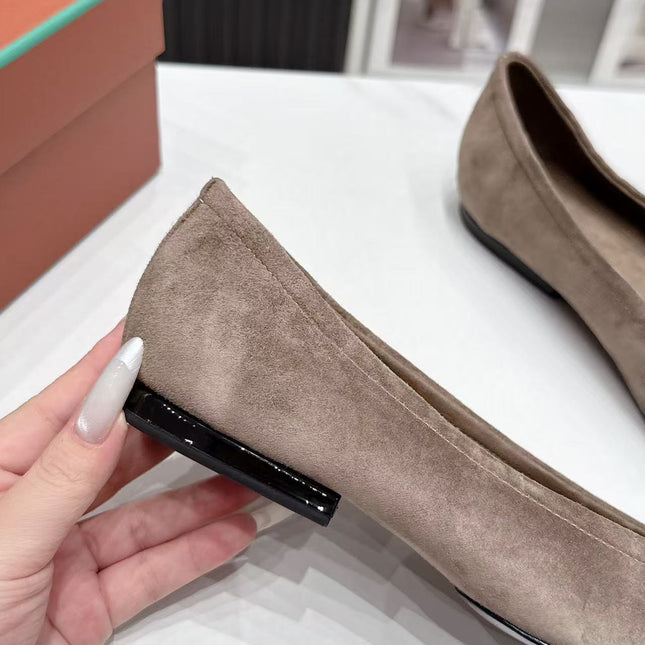 LP 26S BALLERINA FLATS IN GREYISH BROWN SUEDE & SATIN BOW
