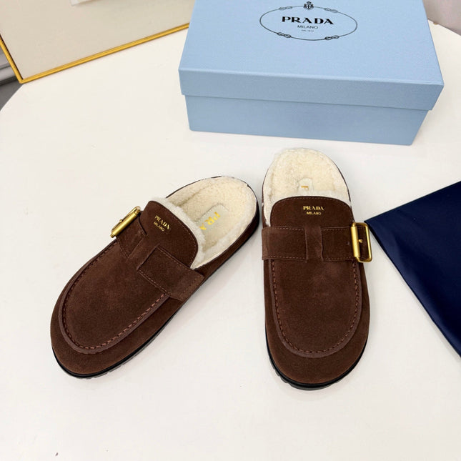 PRADA 26S SHEARLING-LINED MULES IN CHOCOLATE BROWN SUEDE