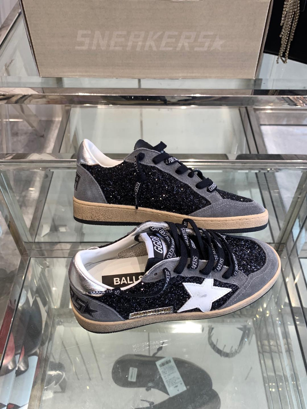 BALL STAR SNEAKERS WITH WHITE STAR IN BLACK GLITTER AND GRAY SUEDE