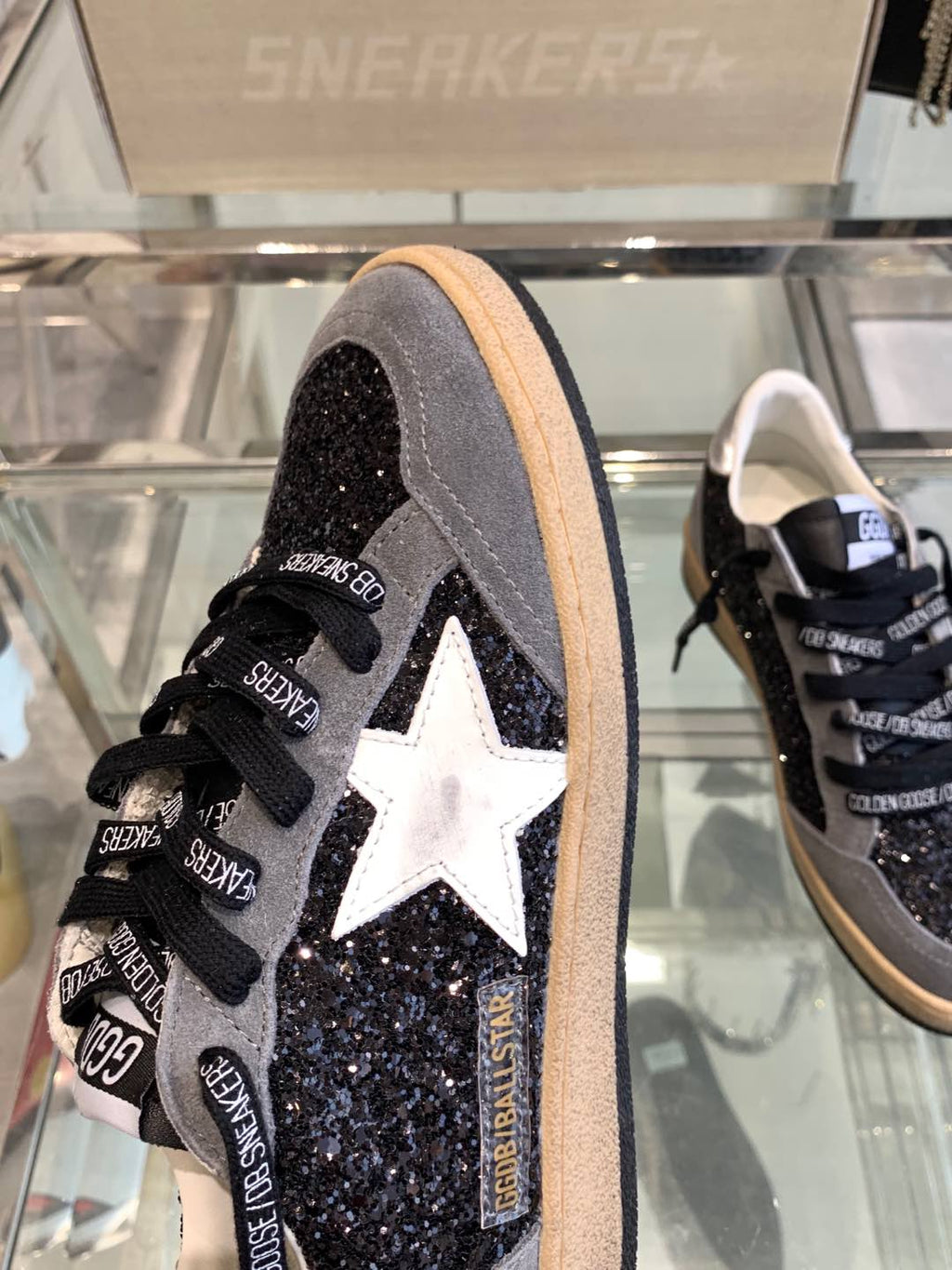 BALL STAR SNEAKERS WITH WHITE STAR IN BLACK GLITTER AND GRAY SUEDE