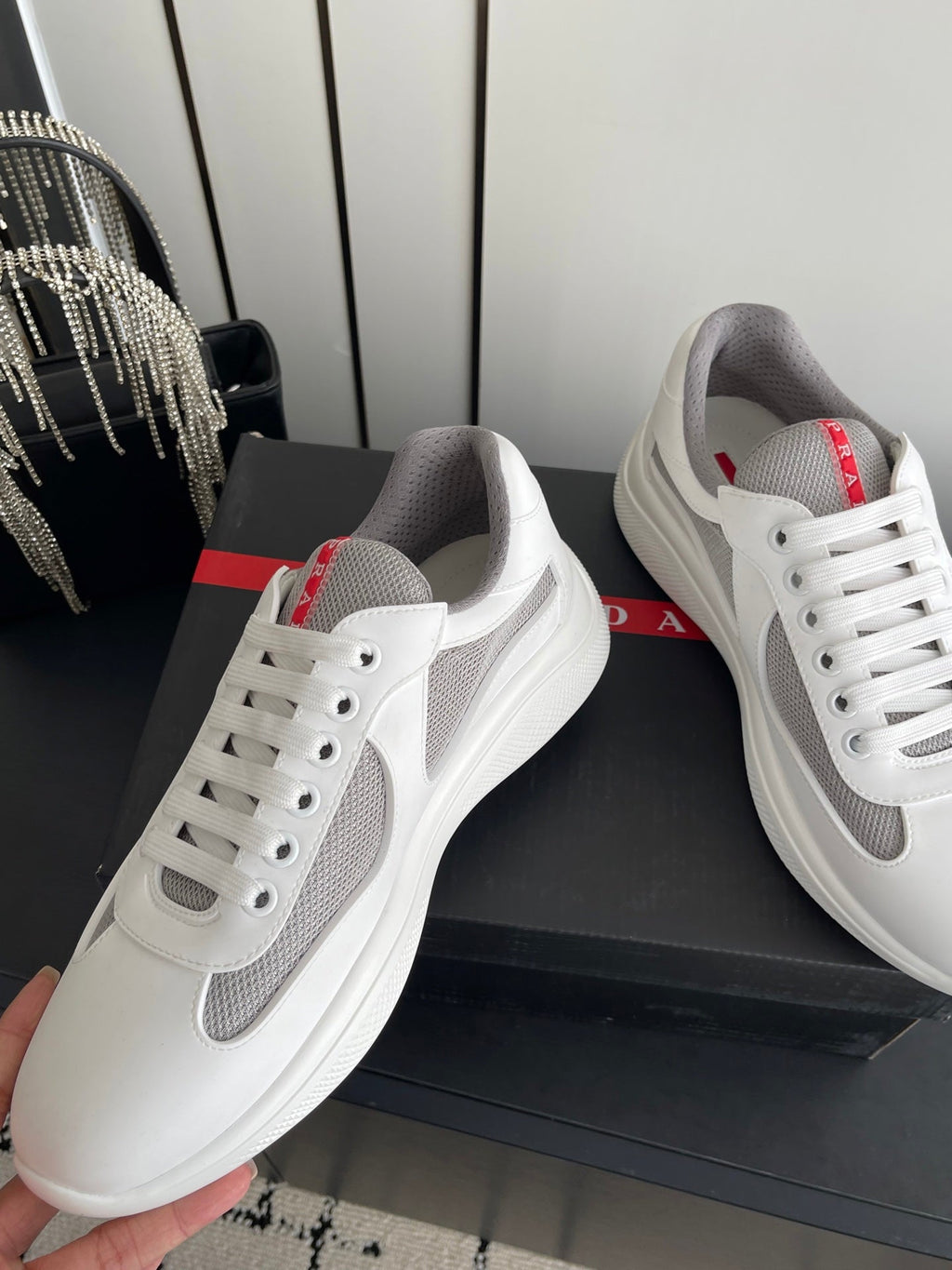 PRADA 26S AMERICA CUP SNEAKERS IN WHITE SOFT RUBBER AND BIKE FABRIC