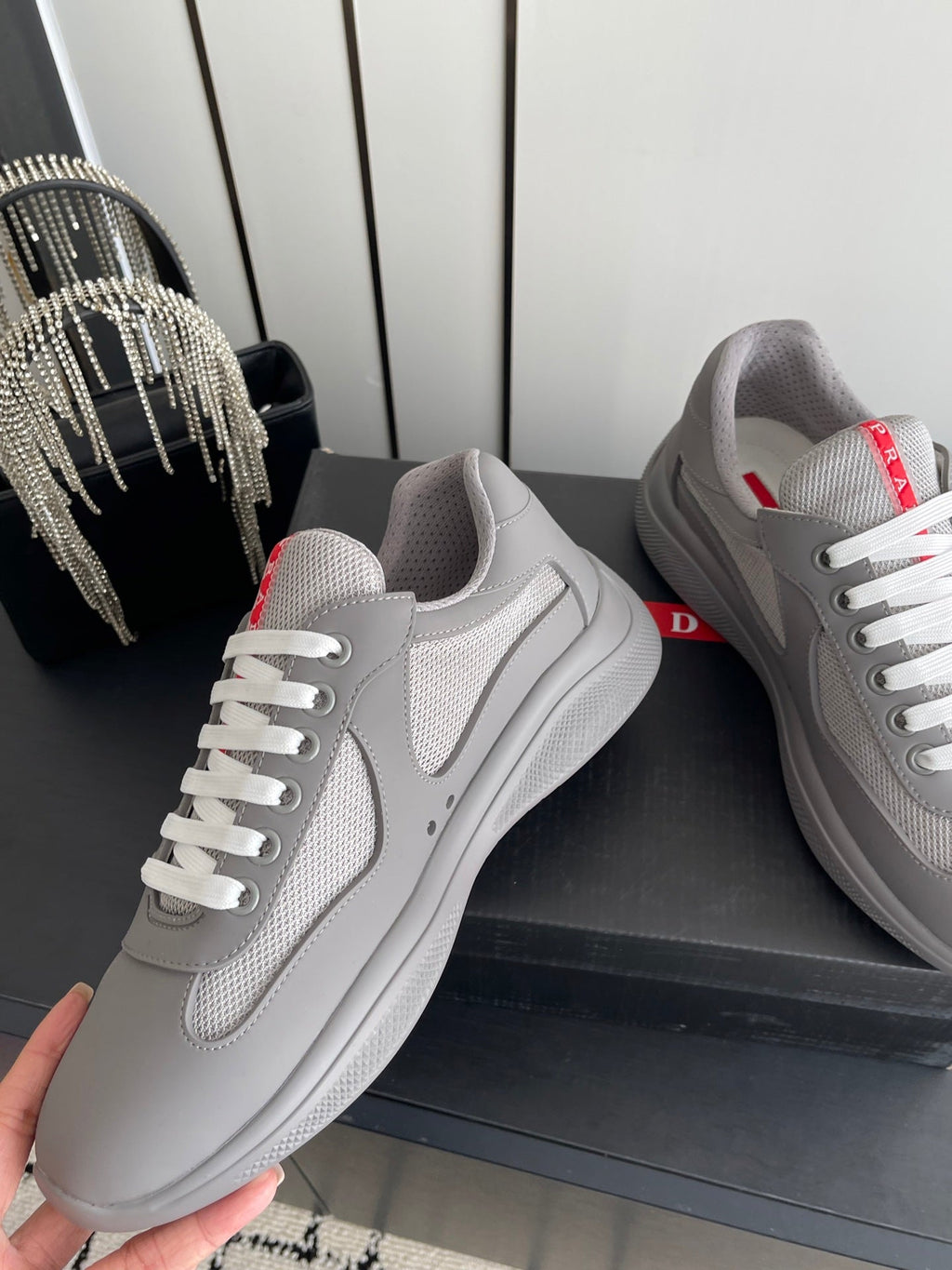 PRADA 26S AMERICA CUP SNEAKERS IN COOL GRAY SOFT RUBBER AND BIKE FABRIC