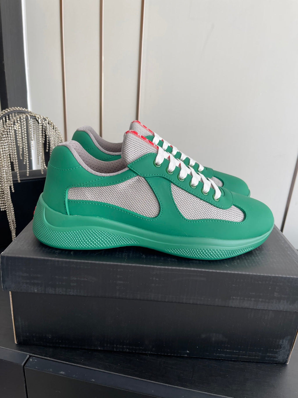 PRADA 26S AMERICA CUP SNEAKERS IN TEAL GREEN SOFT RUBBER AND BIKE FABRIC