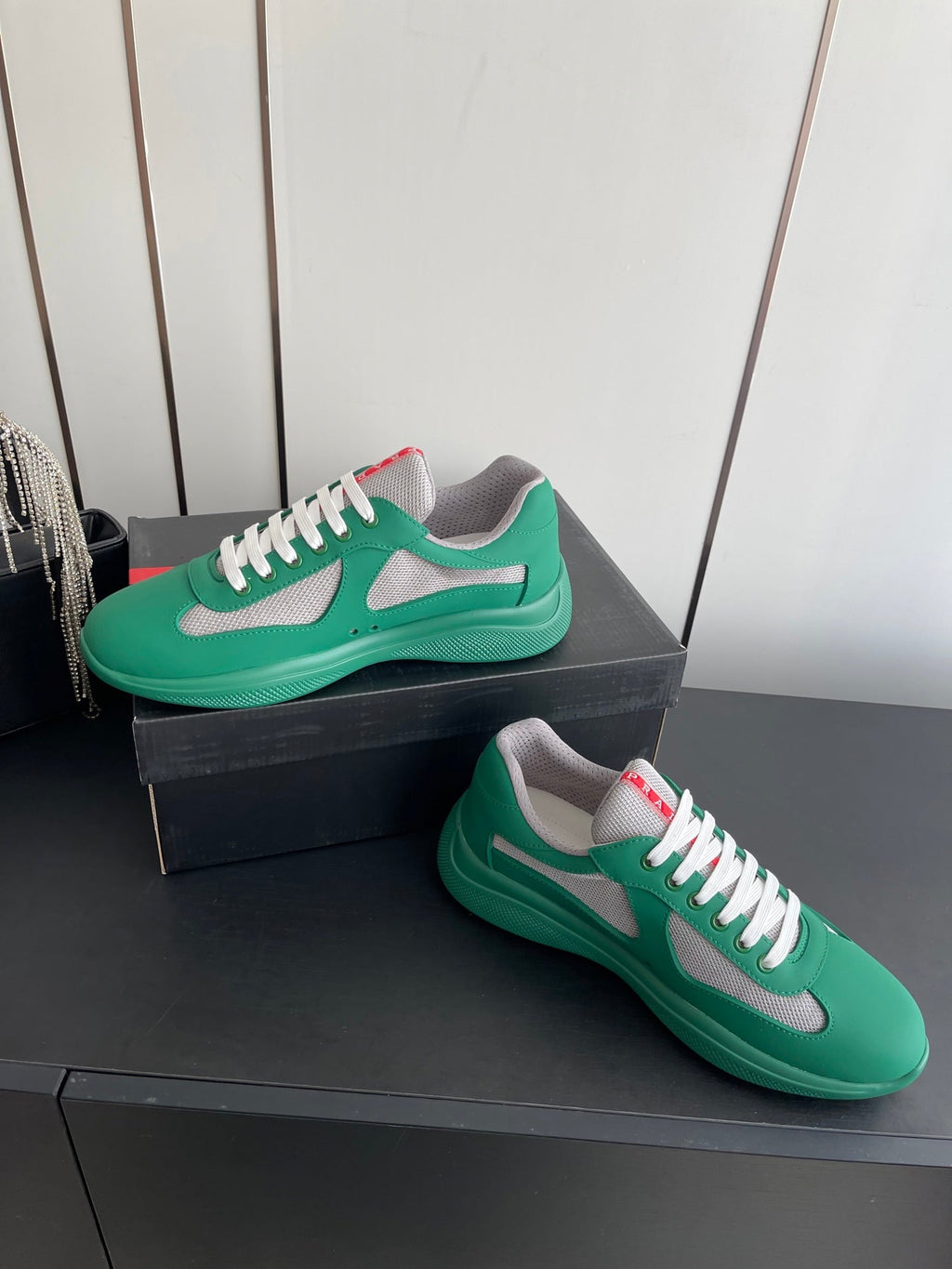 PRADA 26S AMERICA CUP SNEAKERS IN TEAL GREEN SOFT RUBBER AND BIKE FABRIC