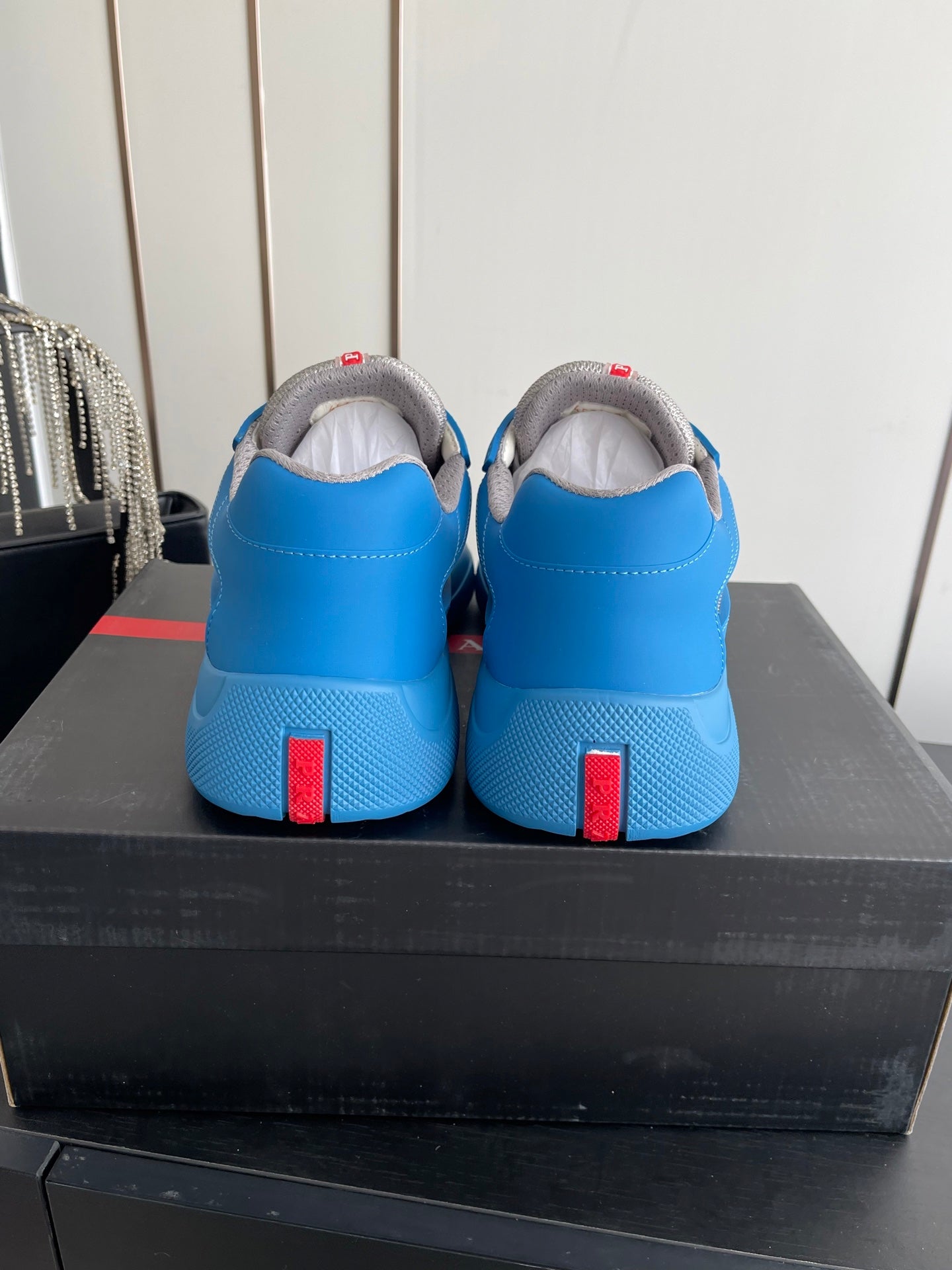 PRADA 26S AMERICA CUP SNEAKERS IN AZURE BLUE SOFT RUBBER AND BIKE FABRIC