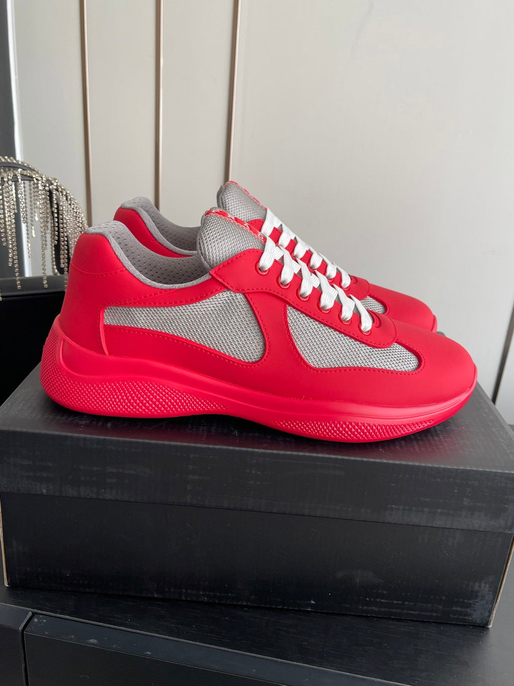 PRADA 26S AMERICA CUP SNEAKERS IN RED SOFT RUBBER AND BIKE FABRIC