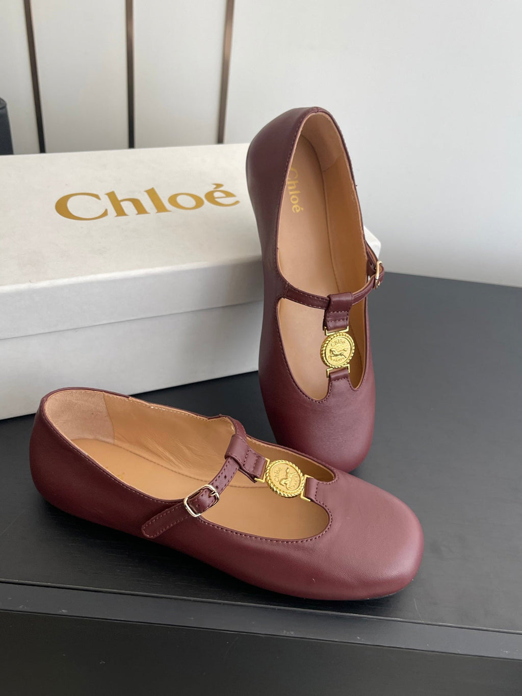 CHLOÉ 26S MARY JANE SHOES IN DARK RED CALFSKIN