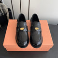 MIUMIU 26S PENNY LOAFERS IN BLACK GLOSSY CALFSKIN GOLD HARDWARE