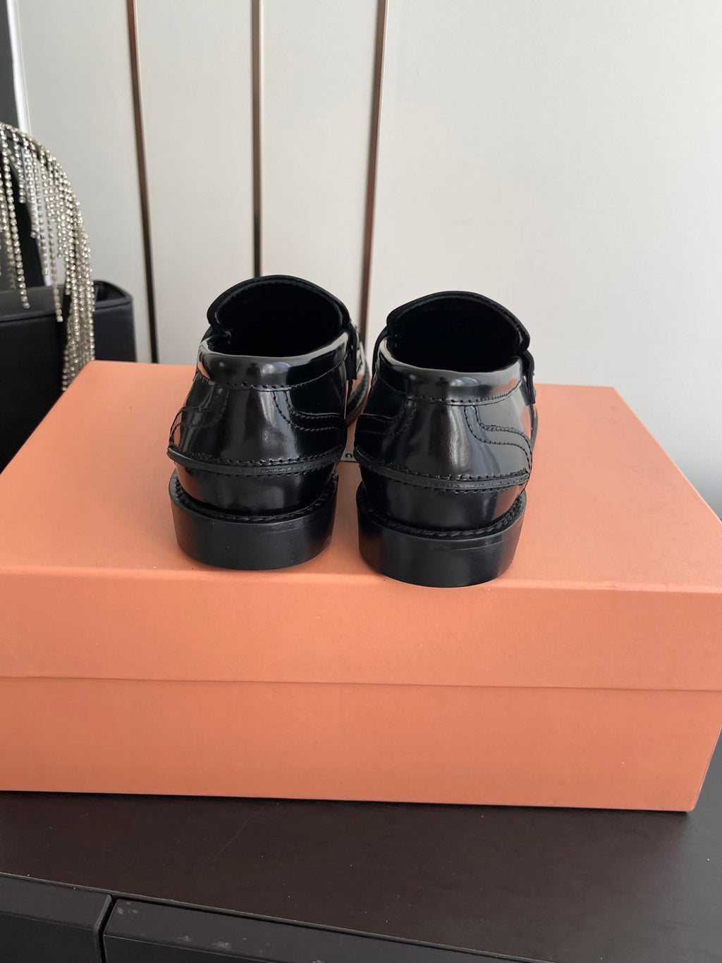 MIUMIU 26S PENNY LOAFERS IN BLACK GLOSSY CALFSKIN GOLD HARDWARE