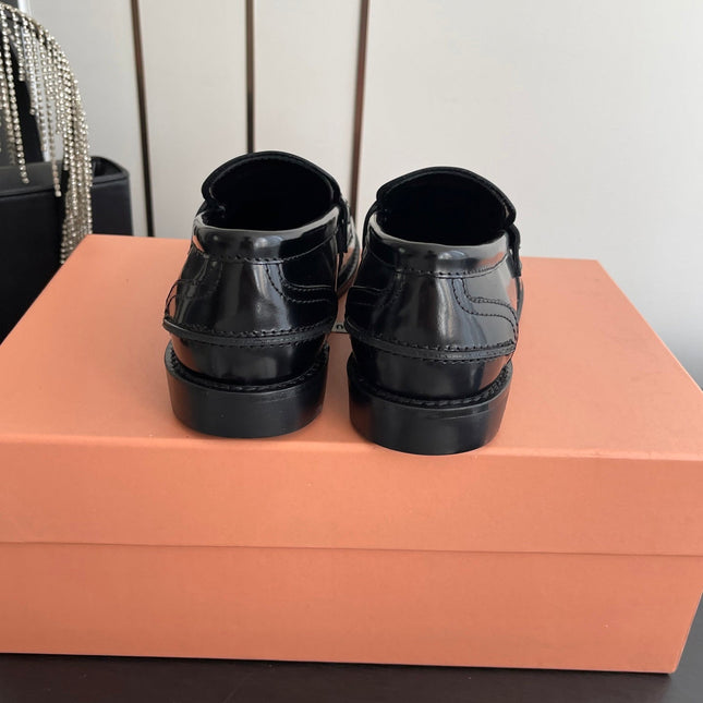 MIUMIU 26S PENNY LOAFERS IN BLACK GLOSSY CALFSKIN GOLD HARDWARE