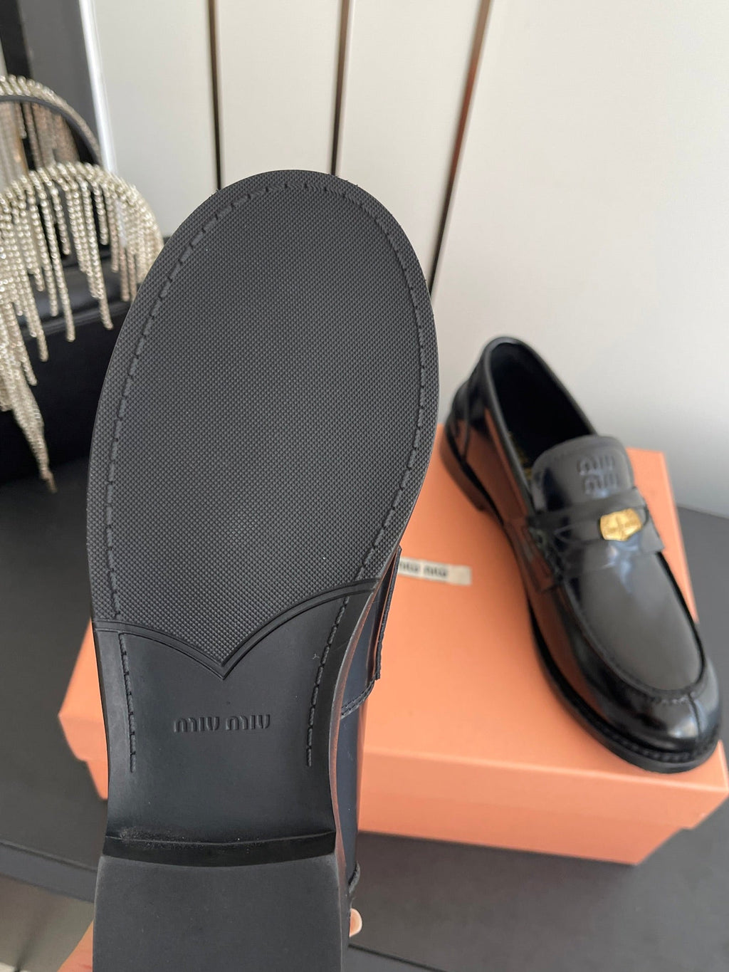 MIUMIU 26S PENNY LOAFERS IN BLACK GLOSSY CALFSKIN GOLD HARDWARE
